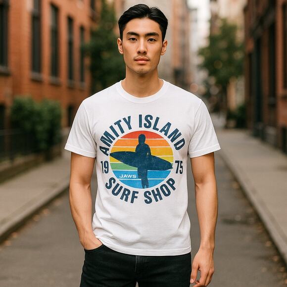 Jaws Mens Unisex Tee Size Small Amity Island Surf Shop White T-Shirt 1975 Movie - Picture 1 of 5
